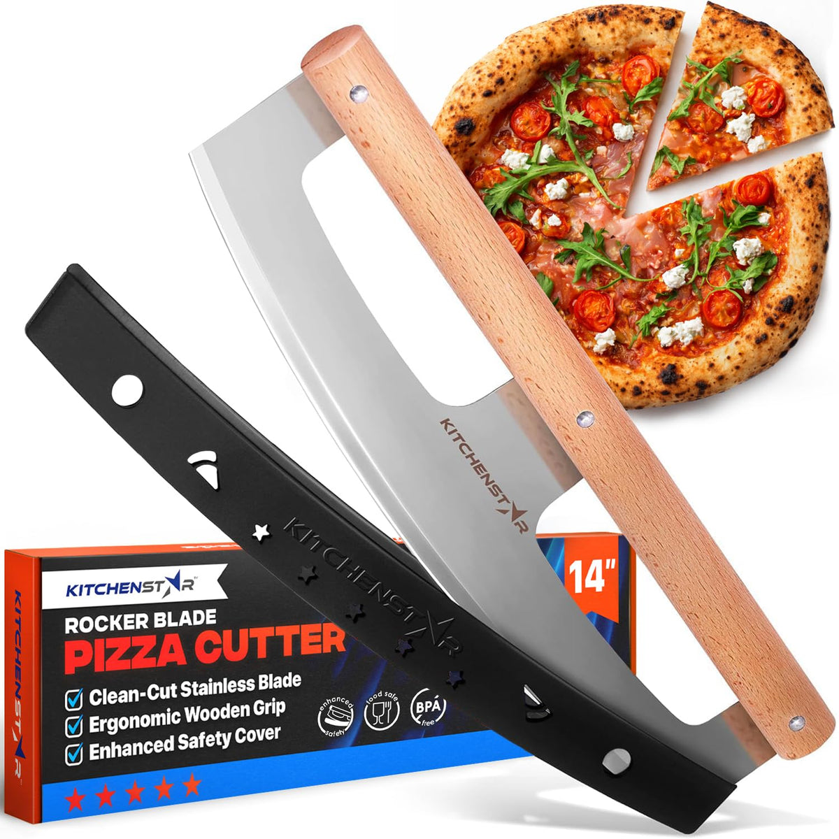 KitchenStar pizza cutter rocker blade close-up for precise pizza slices