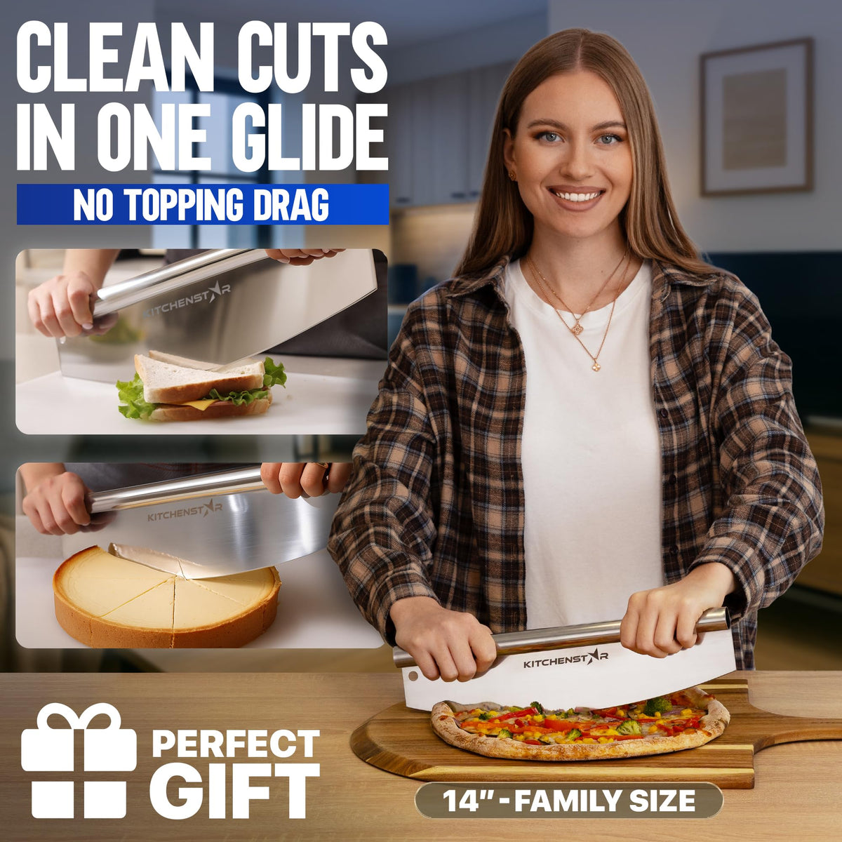 KitchenStar stainless steel pizza cutter delivering precise, effortless slicing.
