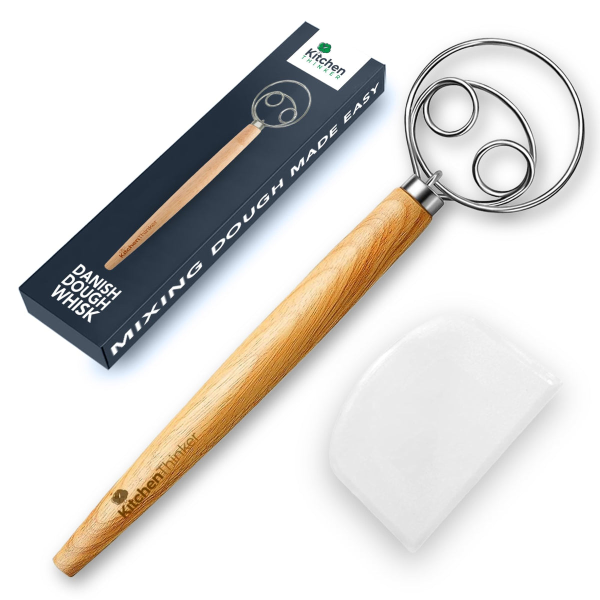 KitchenThinker 13-inch Danish dough whisk front view for even dough mixing