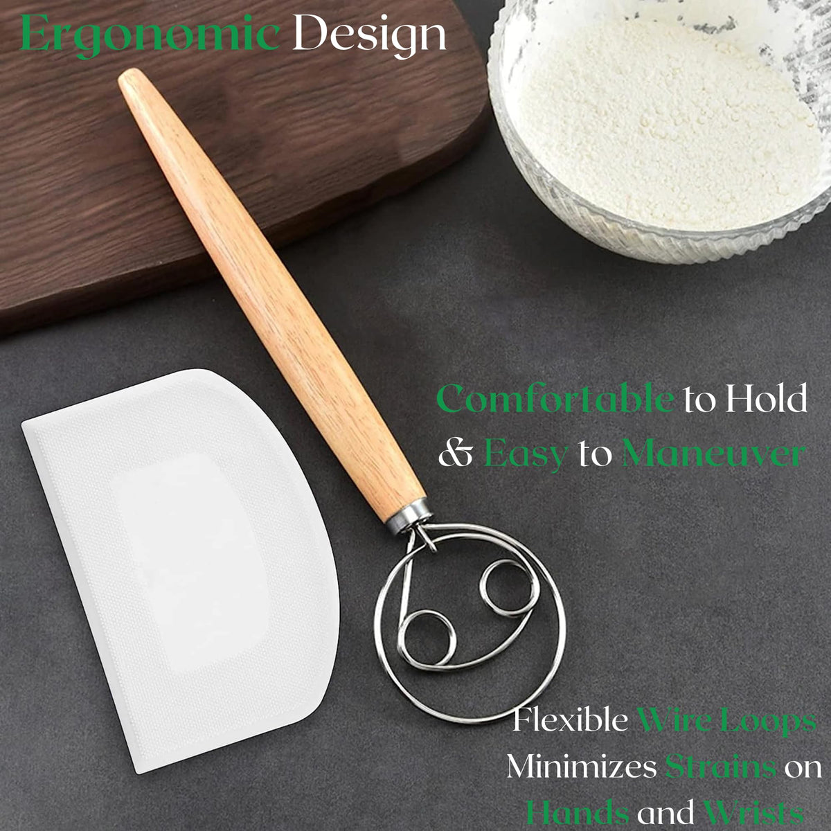 KitchenThinker ergonomic rubber wood handle bread whisk for comfortable stirring