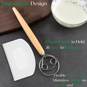 KitchenThinker ergonomic rubber wood handle bread whisk for comfortable stirring