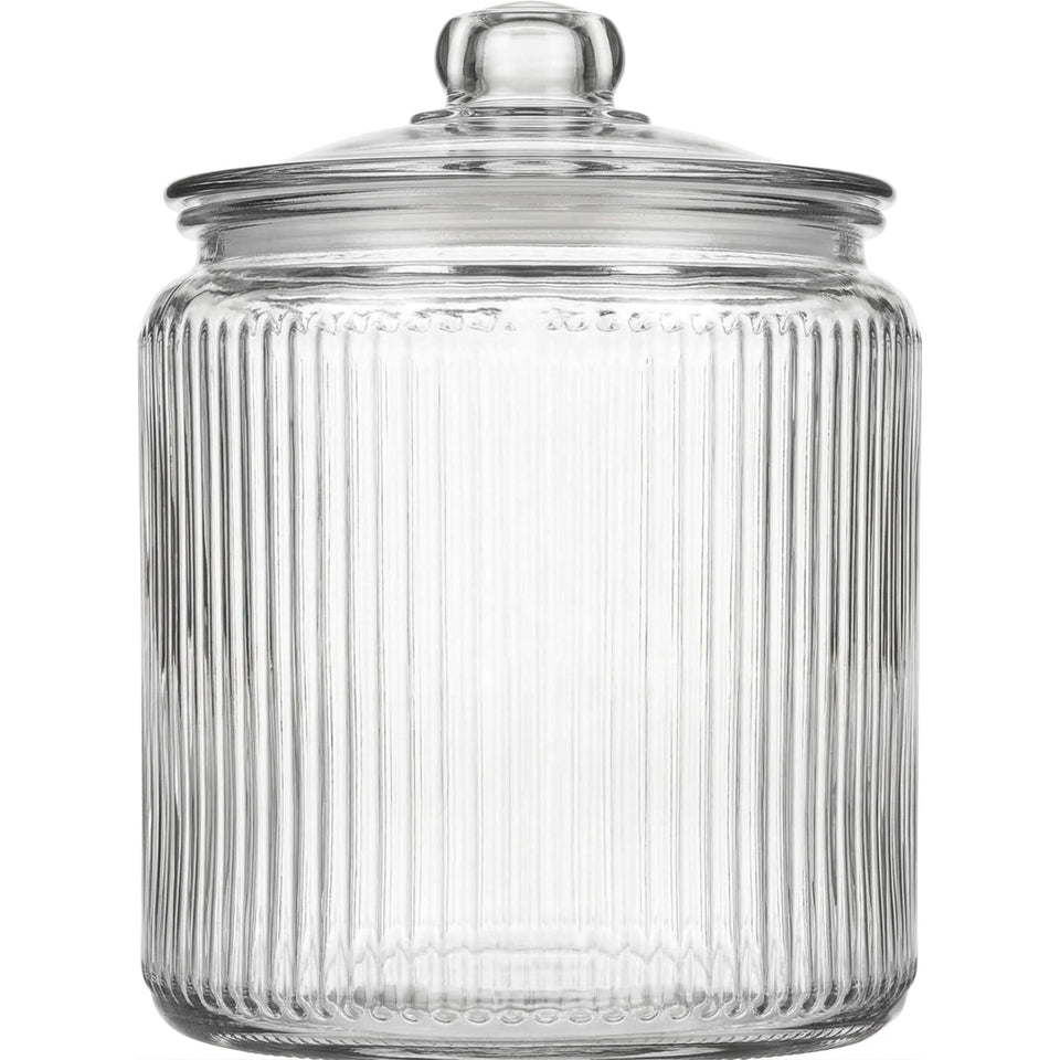 Kitchentoolz 1 gallon ribbed glass cookie jar on counter for easy visibility