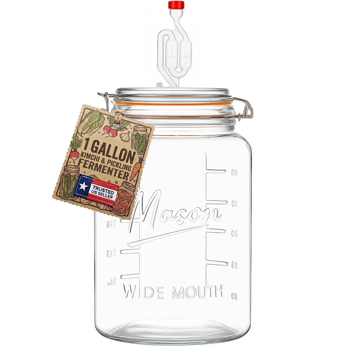 Kitchentoolz 1-gallon mason fermenting jar with wide mouth for easy filling.