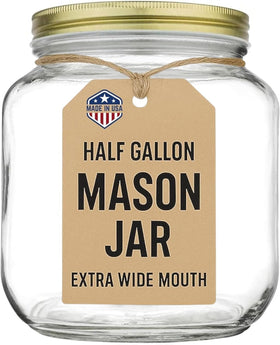 Kitchentoolz half gallon mason jar with wide mouth for easy filling and cleaning.