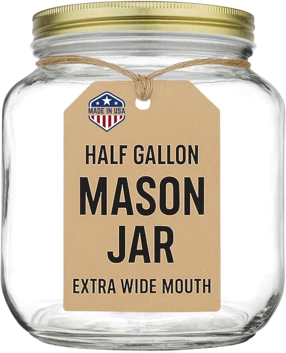 Kitchentoolz half gallon mason jar with wide mouth for easy filling and cleaning.