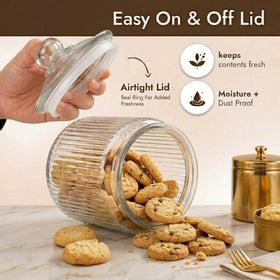 Kitchentoolz ribbed glass jar close-up with lid on display