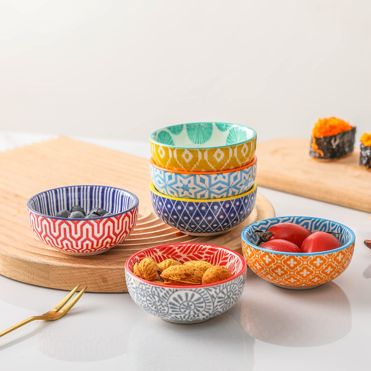 KitchenTour colorful dip bowls set displaying vibrant hues for appealing food presentation.