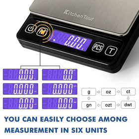 KitchenTour digital scale compact design fits small countertops for everyday use.