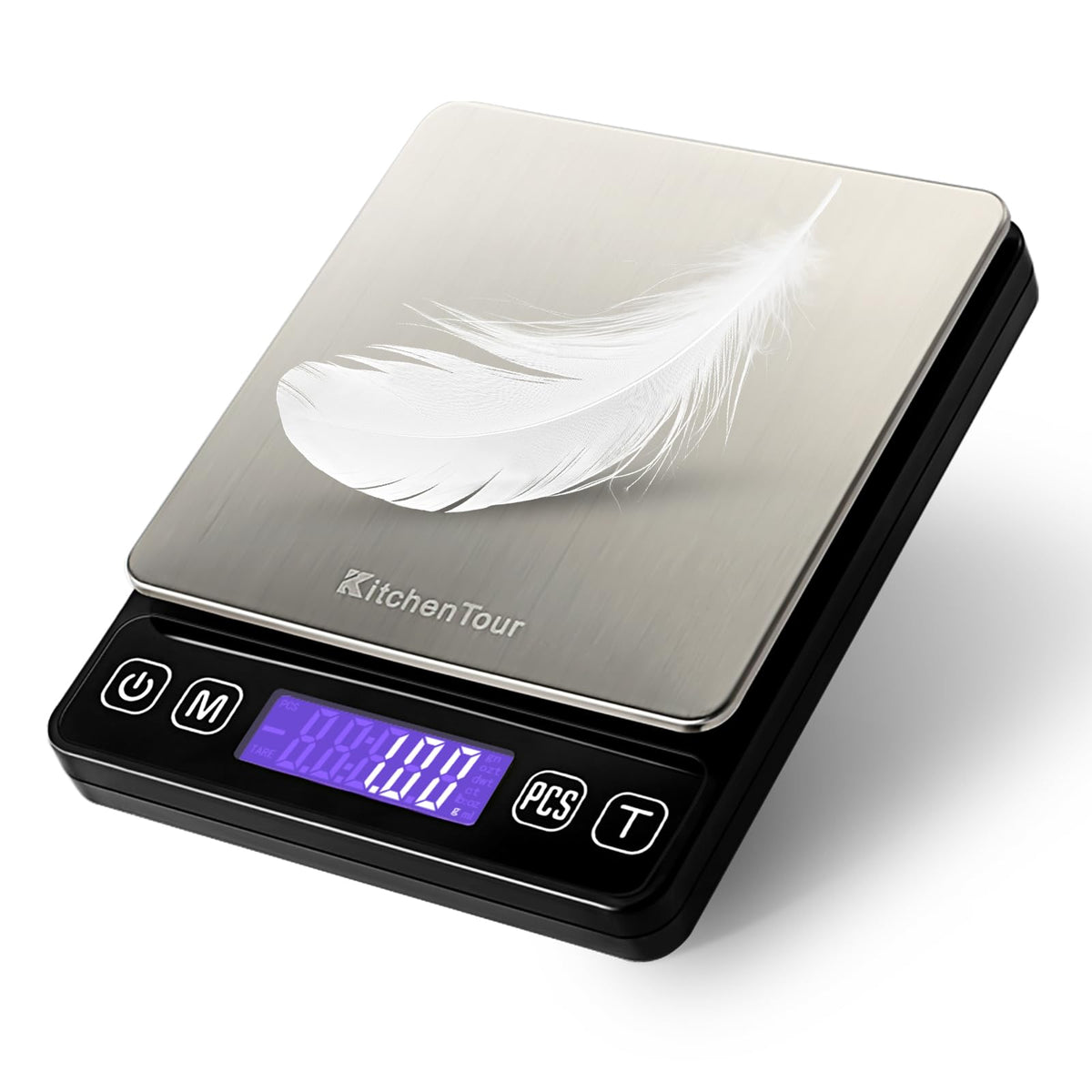 KitchenTour digital scale front view shows a sleek black design with a clear back-lit display.