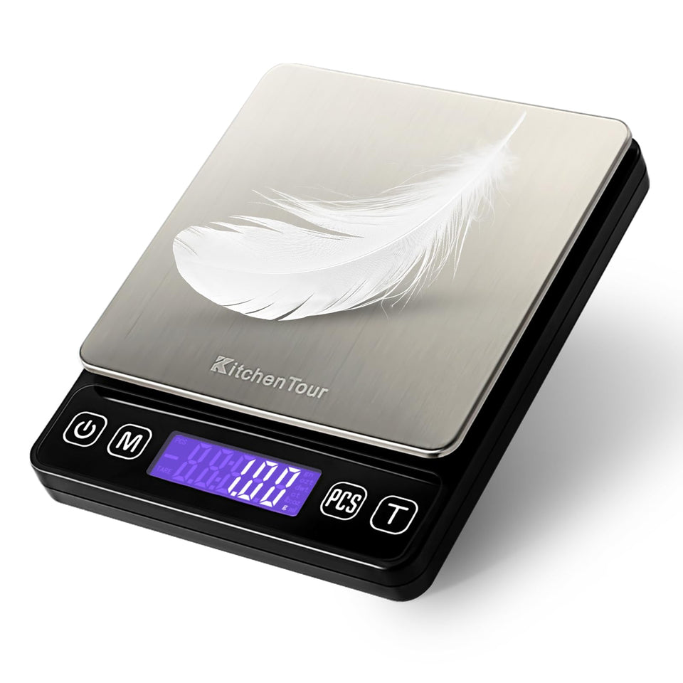 KitchenTour digital scale front view shows a sleek black design with a clear back-lit display.