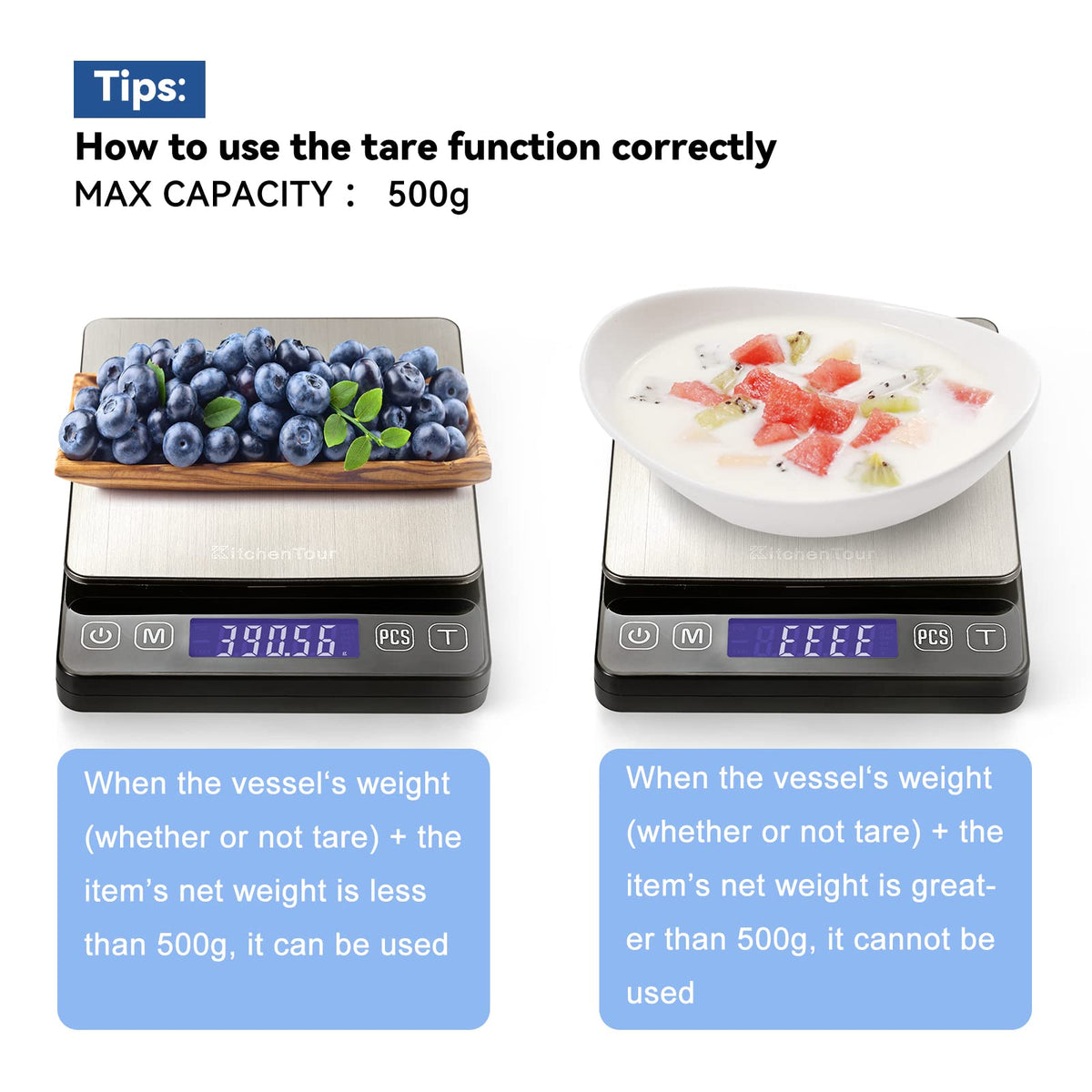 KitchenTour digital scale supports meat portions with exact weight readings.