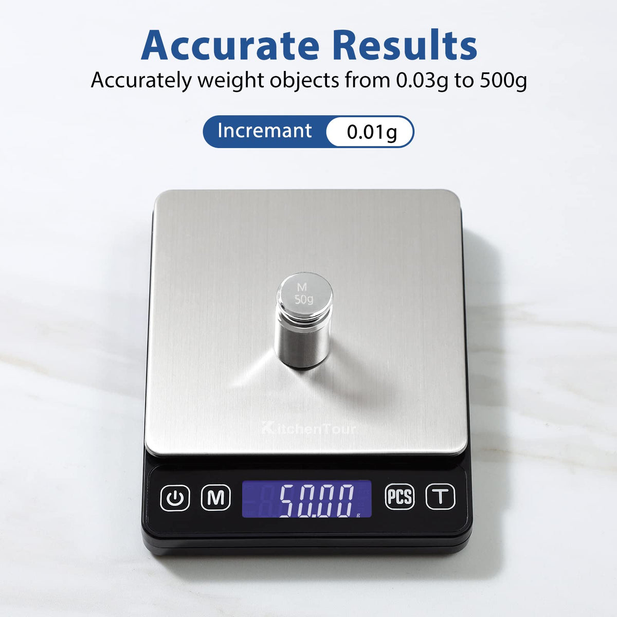 KitchenTour digital scale precision 0-01g highlights tiny ingredient measurements for accuracy.