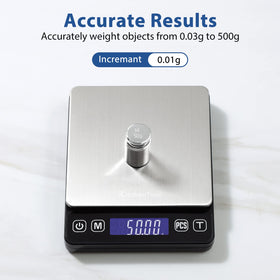 KitchenTour digital scale precision 0-01g highlights tiny ingredient measurements for accuracy.