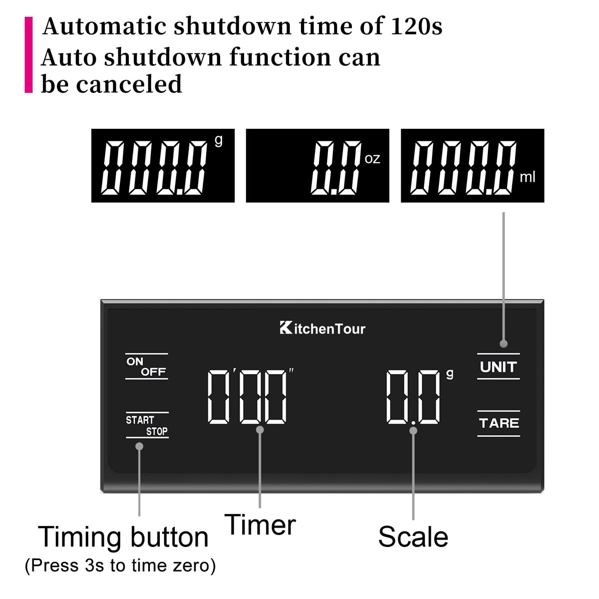 KitchenTour EK6012 tare function lets you weigh ingredients in one container.