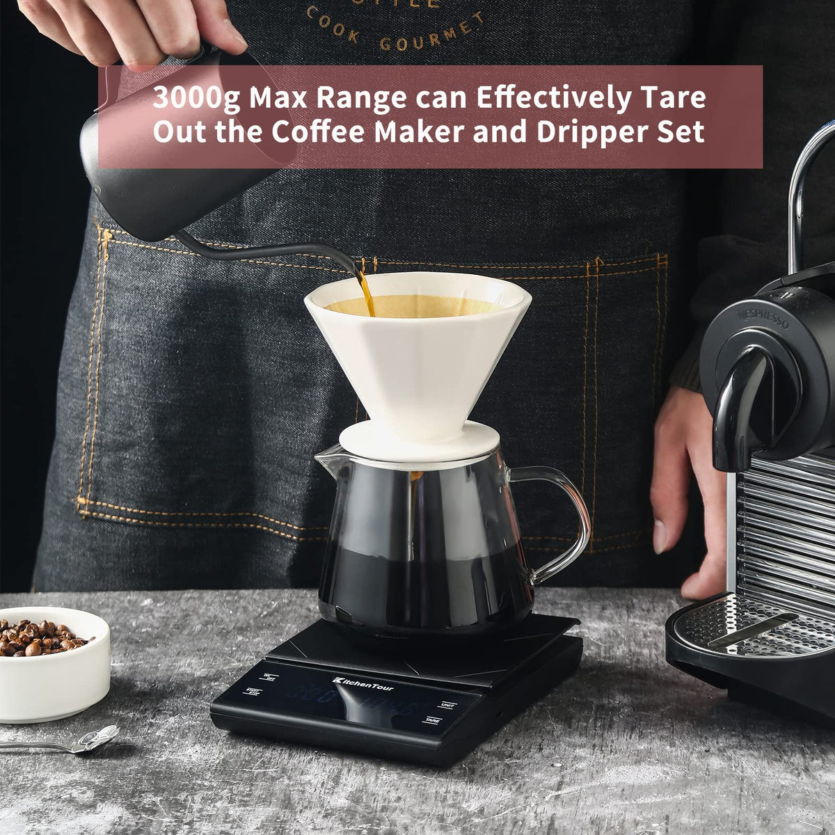 KitchenTour EK6012 unit conversion supports g, oz, ml for flexible recipes.