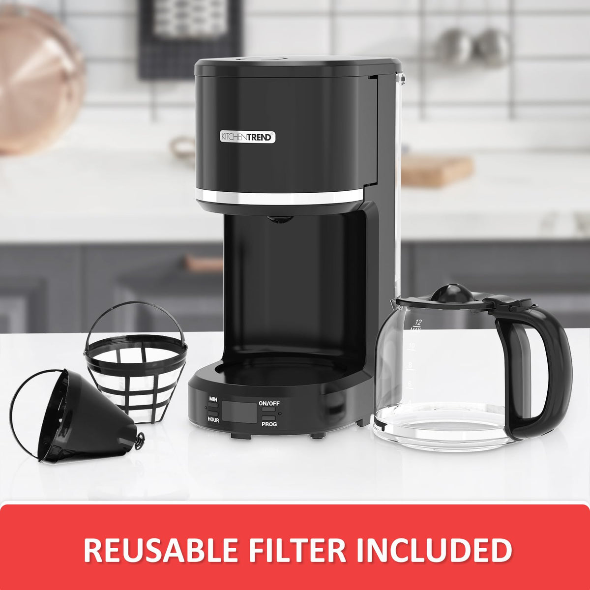 KITCHENTREND dishwasher-safe carafe and filter simplify cleanup.