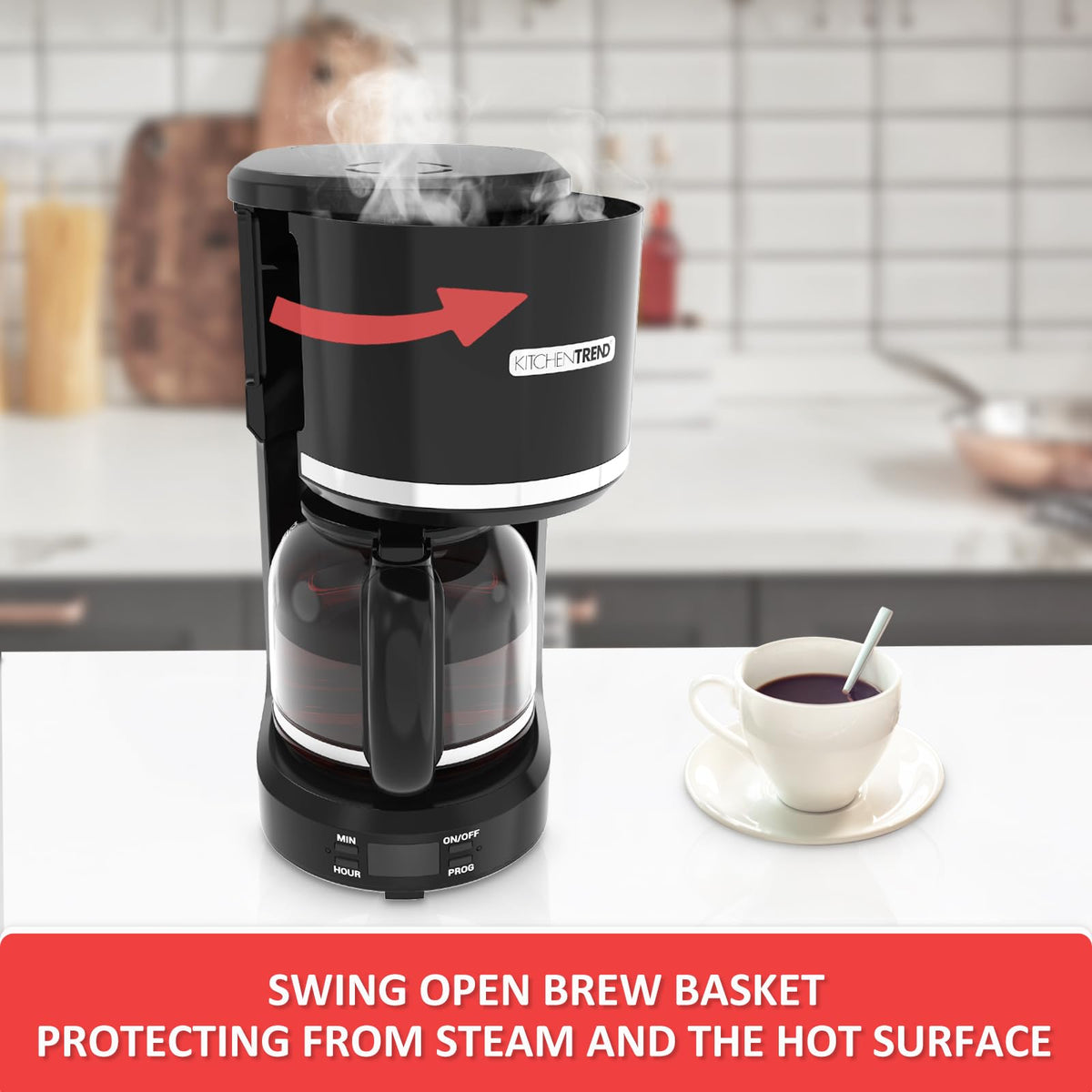 KITCHENTREND 24-hour programmable timer helps plan fresh coffee.