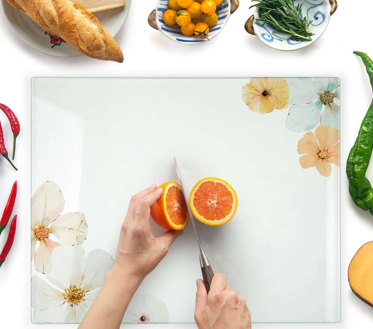 Kitchenville glass cutting board top view with floral design for prep and presentation