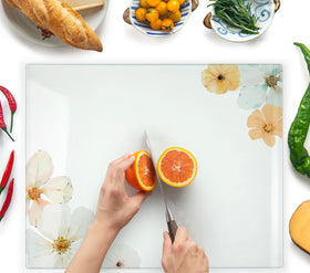Kitchenville glass cutting board top view with floral design for prep and presentation