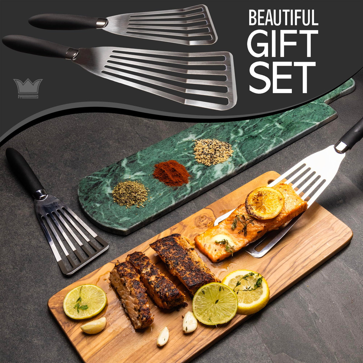 Kitchenware King flipping spatula for fish; lightweight and flexible for careful turning.