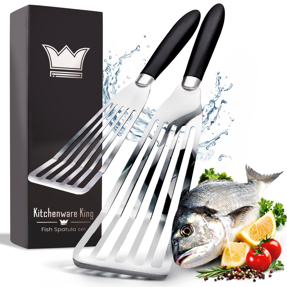 Kitchenware King professional fish spatula large; precision edge for delicate flips and easy lifting.