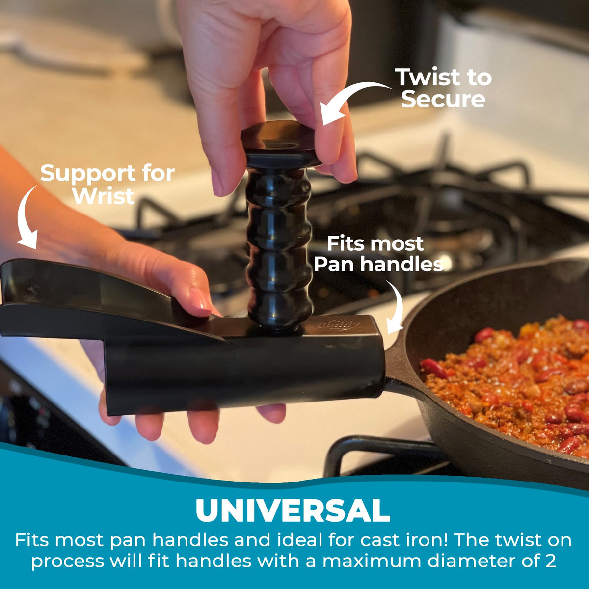 KitchInventions Pan Buddy secure connection ensures a steady pan during moves