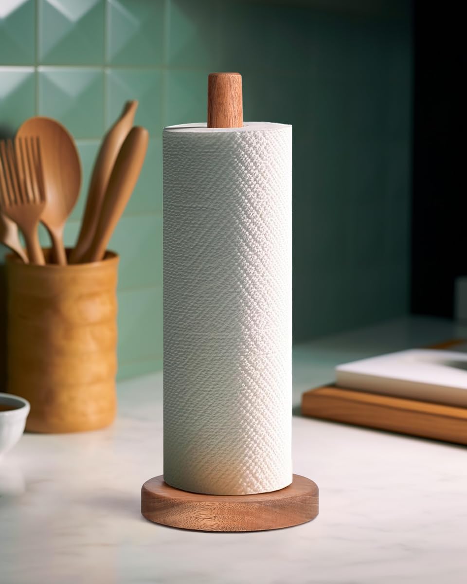 KitchLife acacia wood paper towel holder on counter with warm natural finish