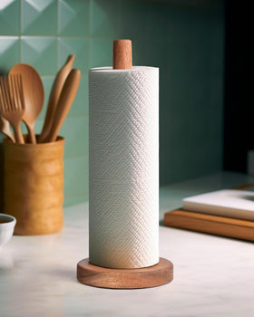 KitchLife acacia wood paper towel holder on counter with warm natural finish