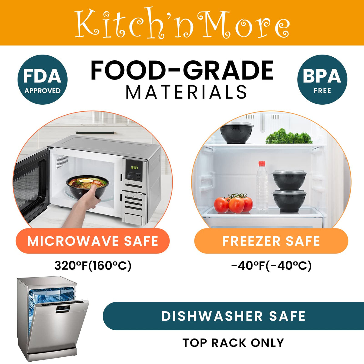 Kitch’nMore microwave-safe containers heat meals quickly and conveniently.