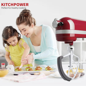 KITCHPOWER Flex Edge Beater bottom-scrape action reduces batter buildup during mixing.