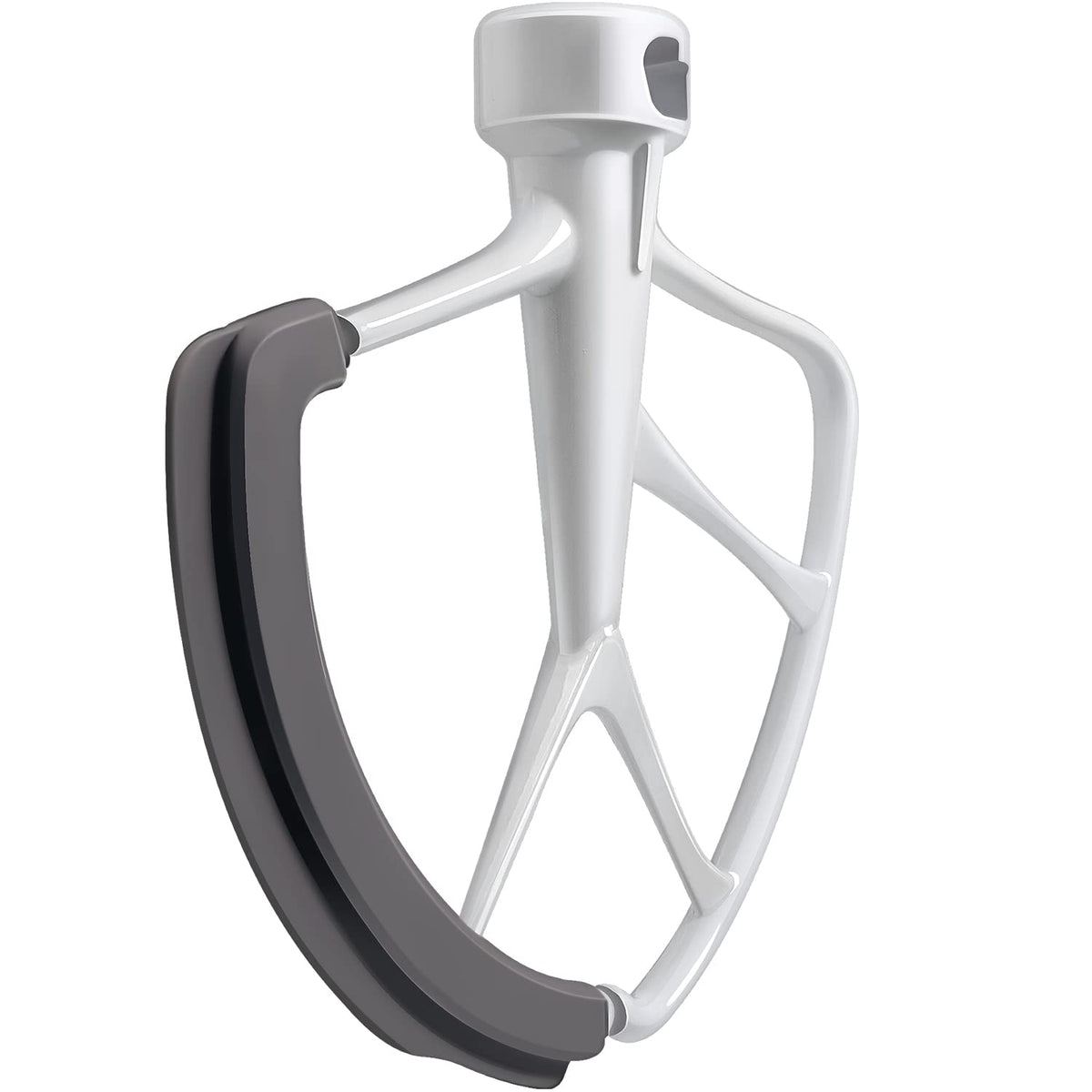 KITCHPOWER Flex Edge Beater side-scrape shows thorough bowl scraping for even mixing.
