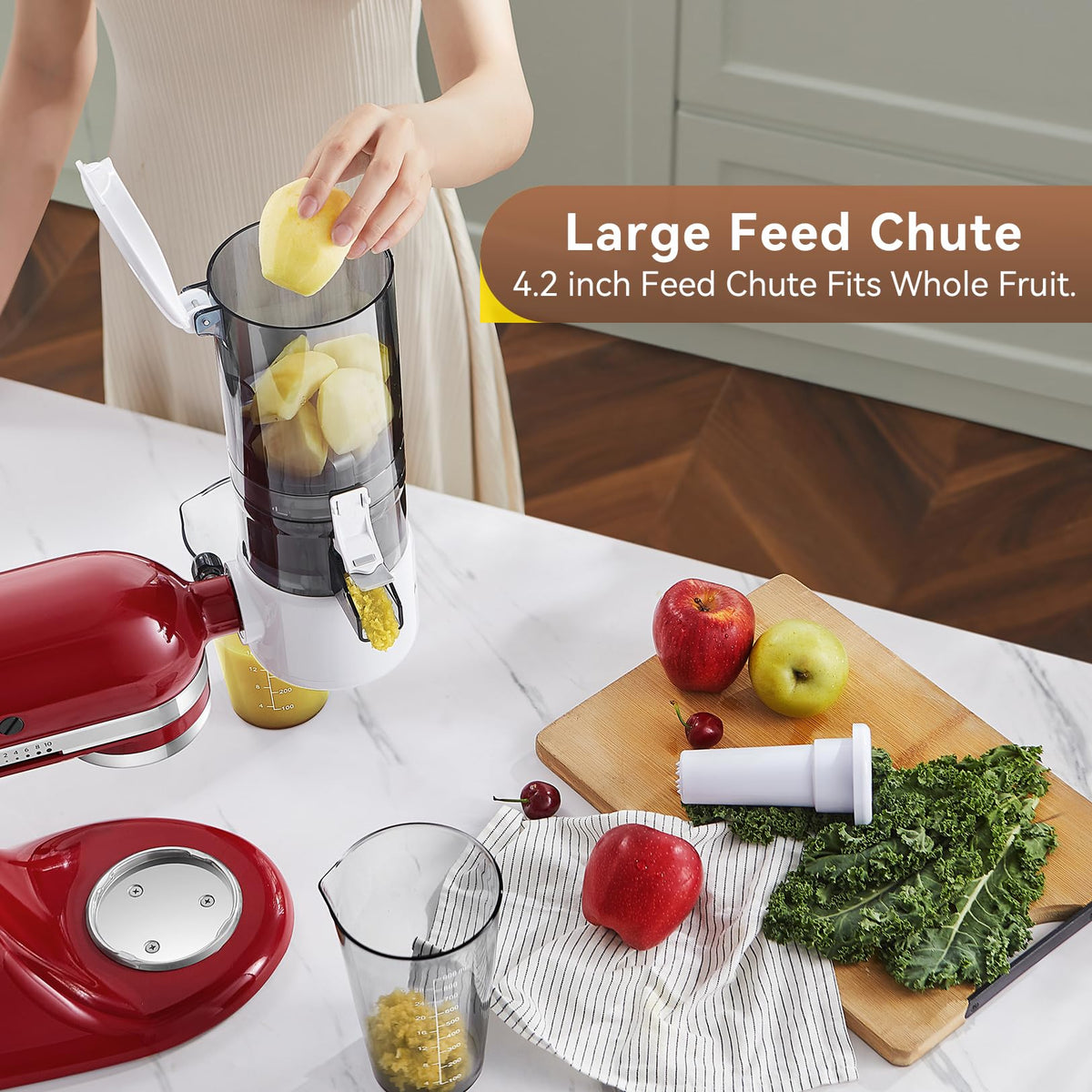 KITCHTREE juicer attachment demonstrates masticating action for smooth juice with minimal sediment.