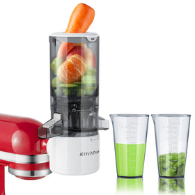 KITCHTREE juicer attachment with a large feed chute for whole fruits and vegetables.