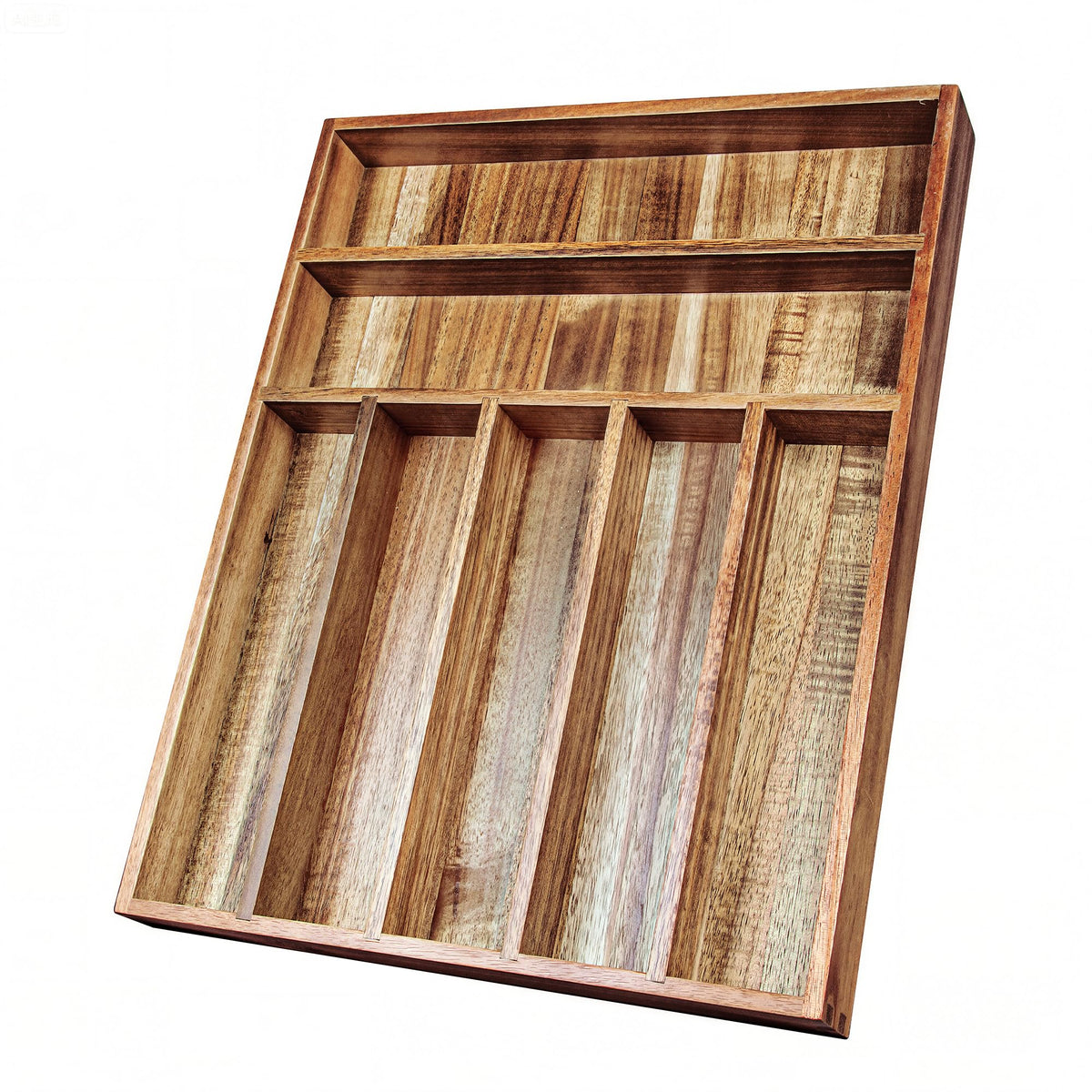 KITEISCAT Acacia wood silverware organizer in a drawer for tidy cutlery storage.