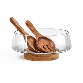 KITEISCAT extra large glass salad bowl with acacia base for stylish serving