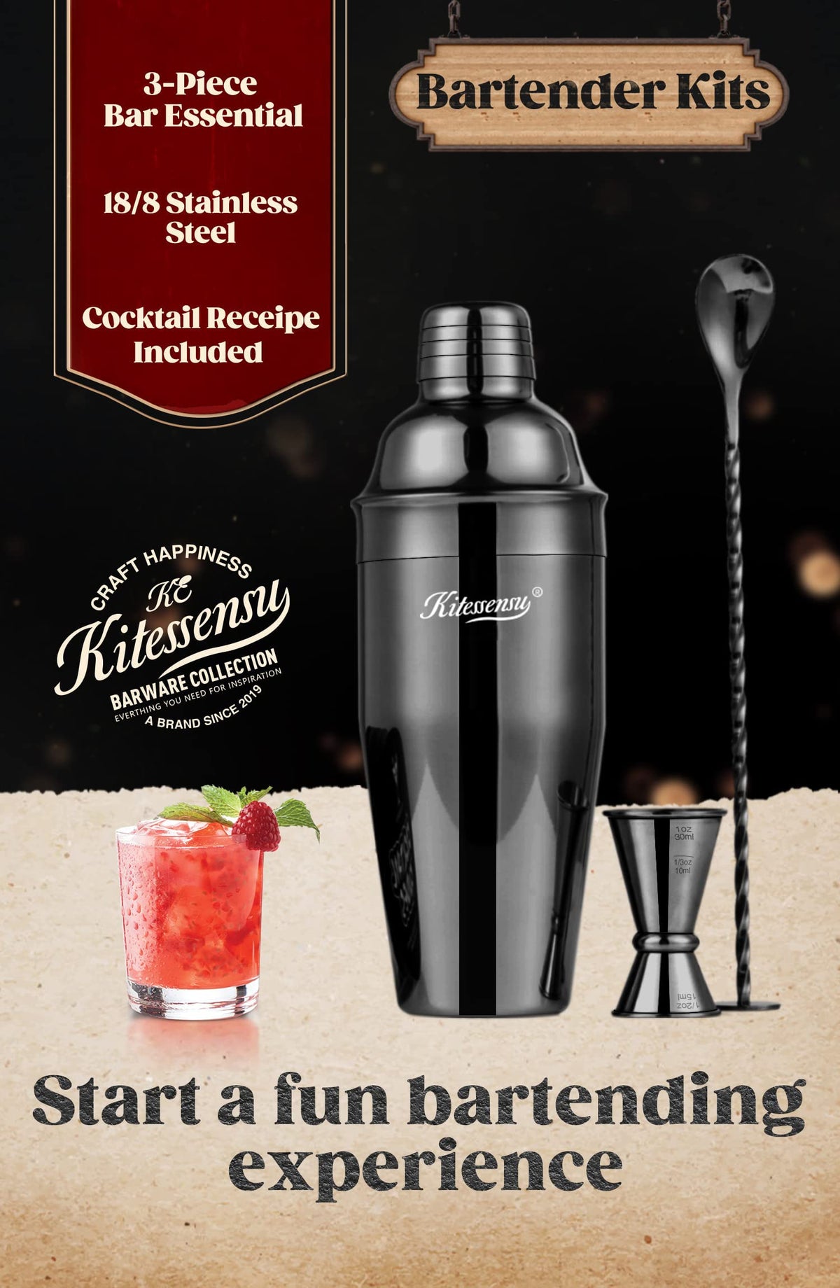 KITESSENSU 18/8 stainless steel shaker for durable, rust-free performance