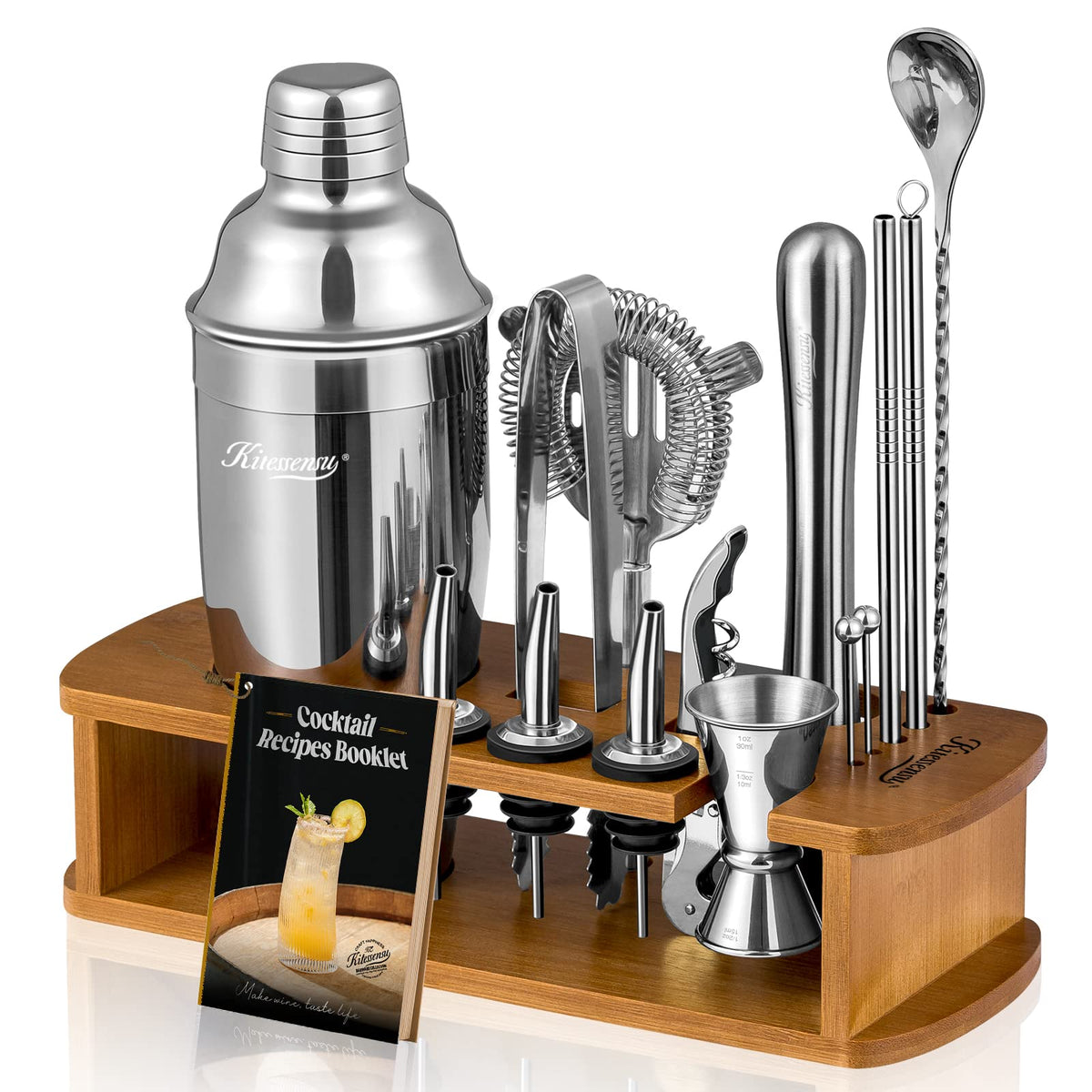 KITESSENSU cocktail shaker set on a stand for organized, stylish home bartending.