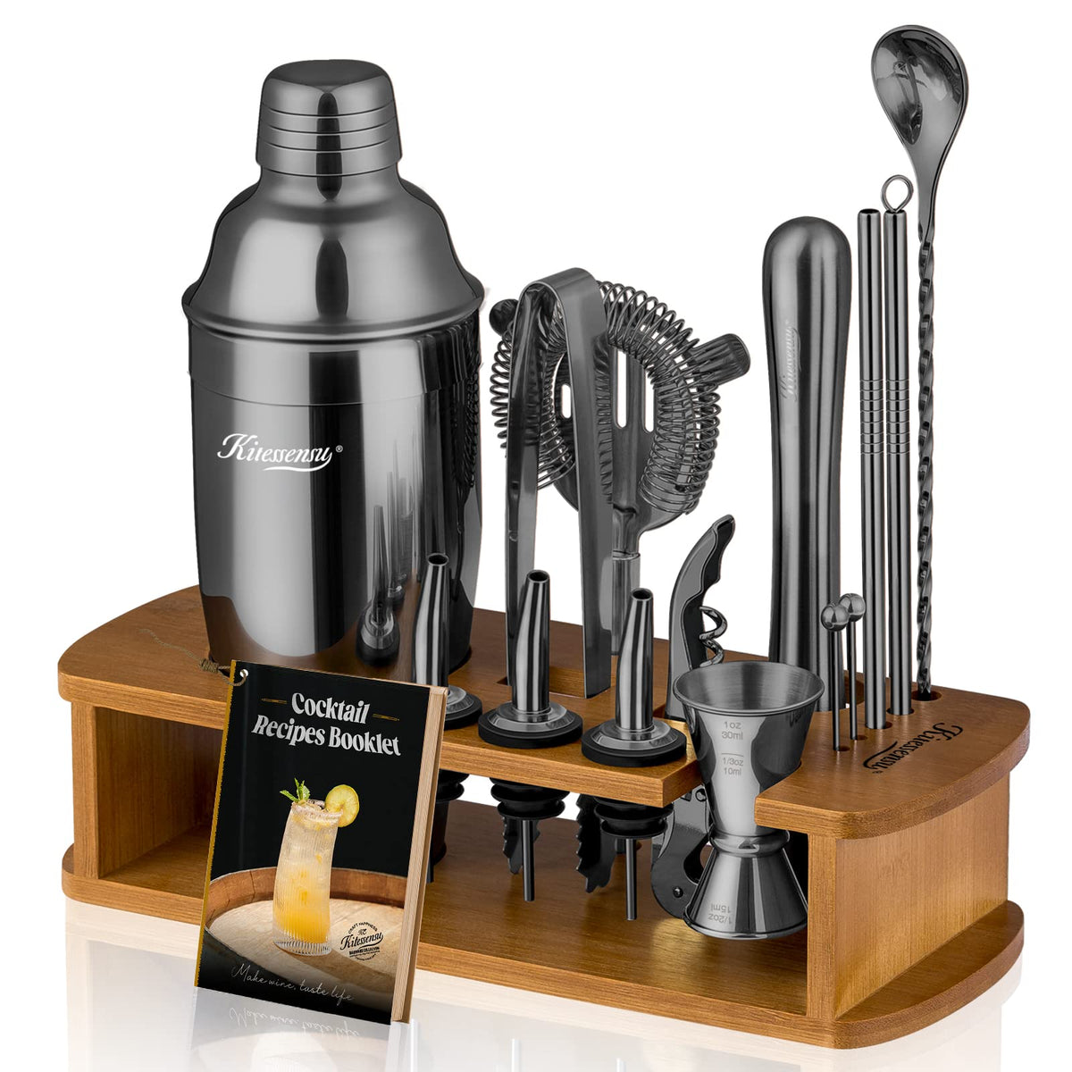 KITESSENSU cocktail shaker stand keeps tools organized on the bar.