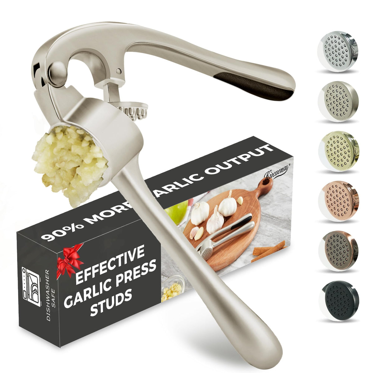 Kitessensu garlic press front view in imperial silver for efficient garlic mincing