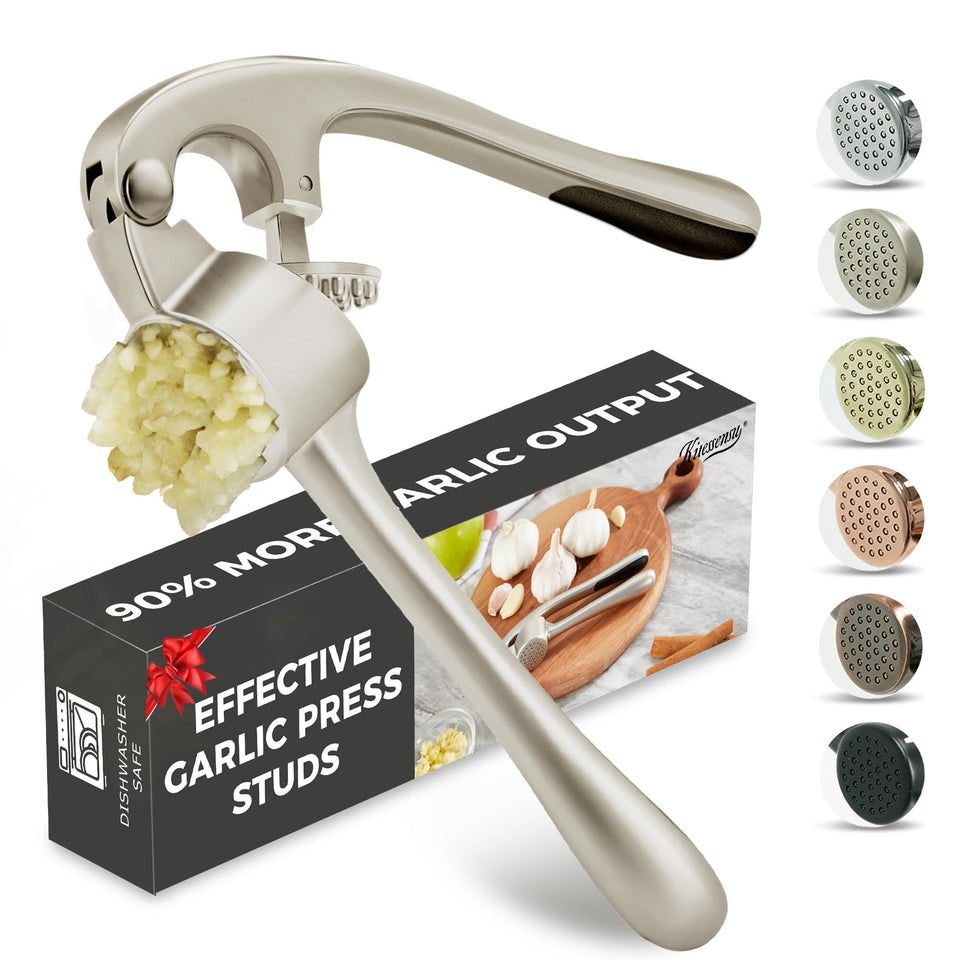 Kitessensu garlic press front view in imperial silver for efficient garlic mincing