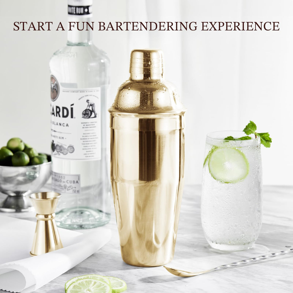 KITESSENSU shaker with built-in strainer, leak-proof pour for easy cocktails