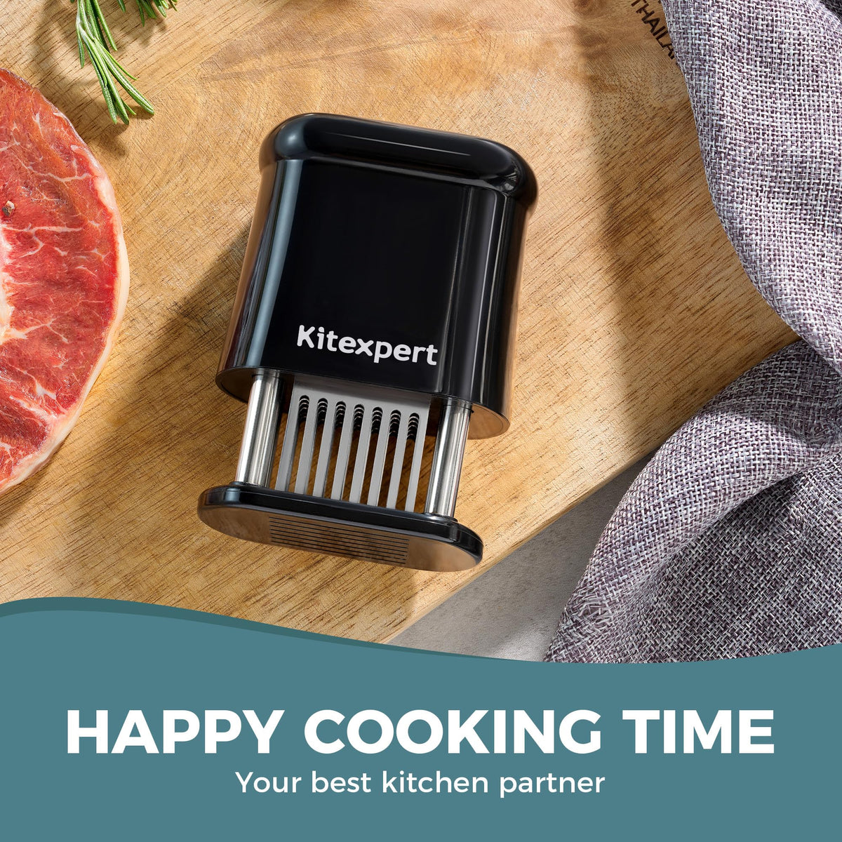 KITEXPERT in-use on steak highlights marinade-ready channels