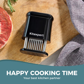KITEXPERT in-use on steak highlights marinade-ready channels