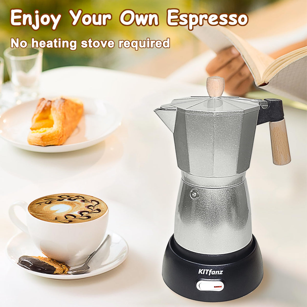 KITfanz electric moka pot silver top view showing sleek design