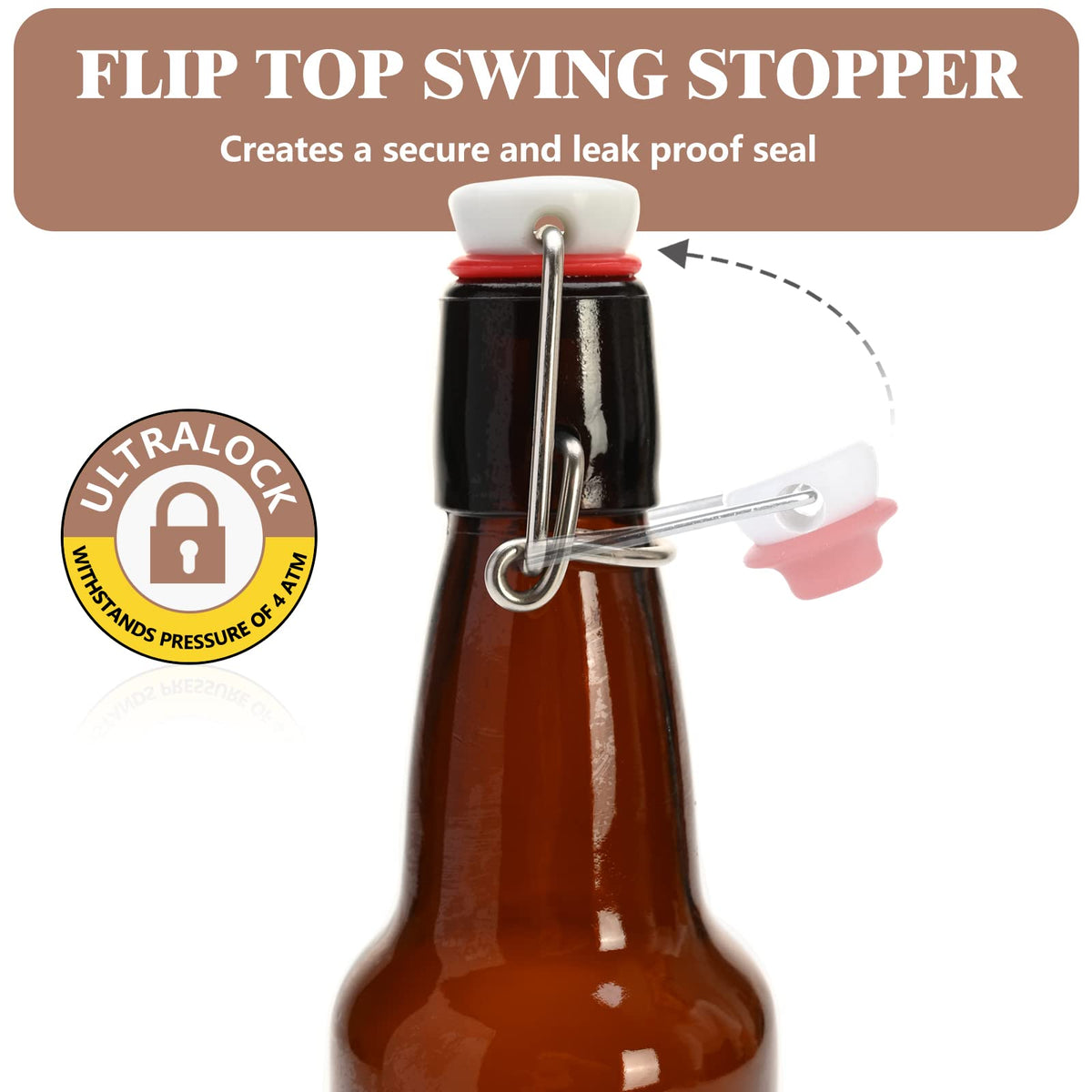KITGLASCUP amber bottle swing top demonstrating durable glass and leak-proof seal.