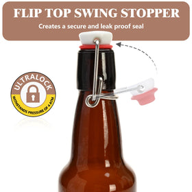 KITGLASCUP amber bottle swing top demonstrating durable glass and leak-proof seal.