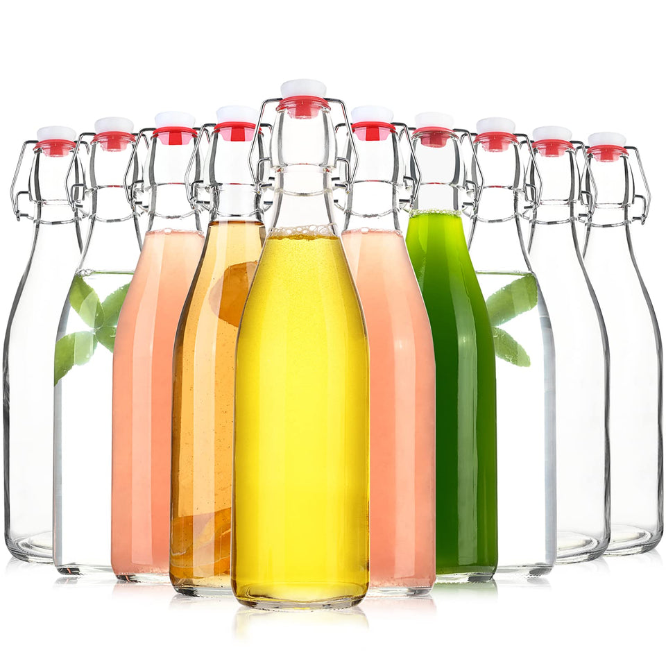KITGLASCUP clear bottle with swing top showing 16oz capacity for beverages.