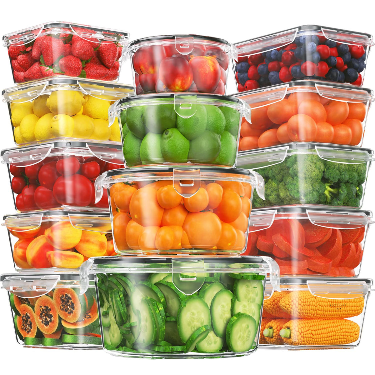 KITHELP 28-piece containers with lids shown stacked for space-saving storage.