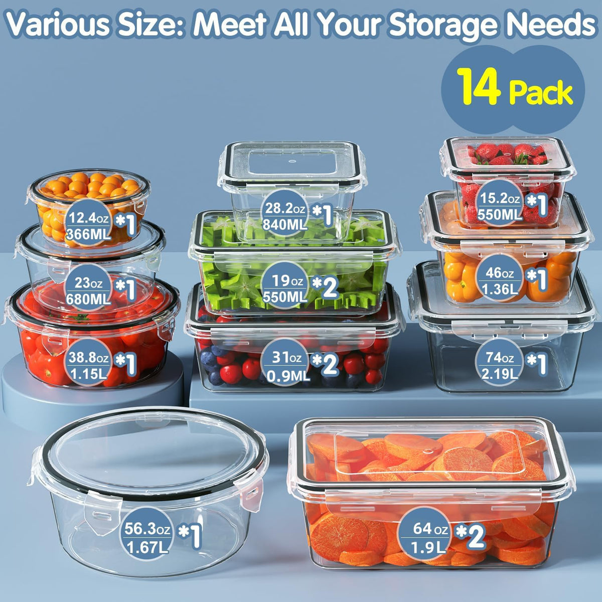 KITHELP BPA-free food storage containers with clear bodies and silicone seals.