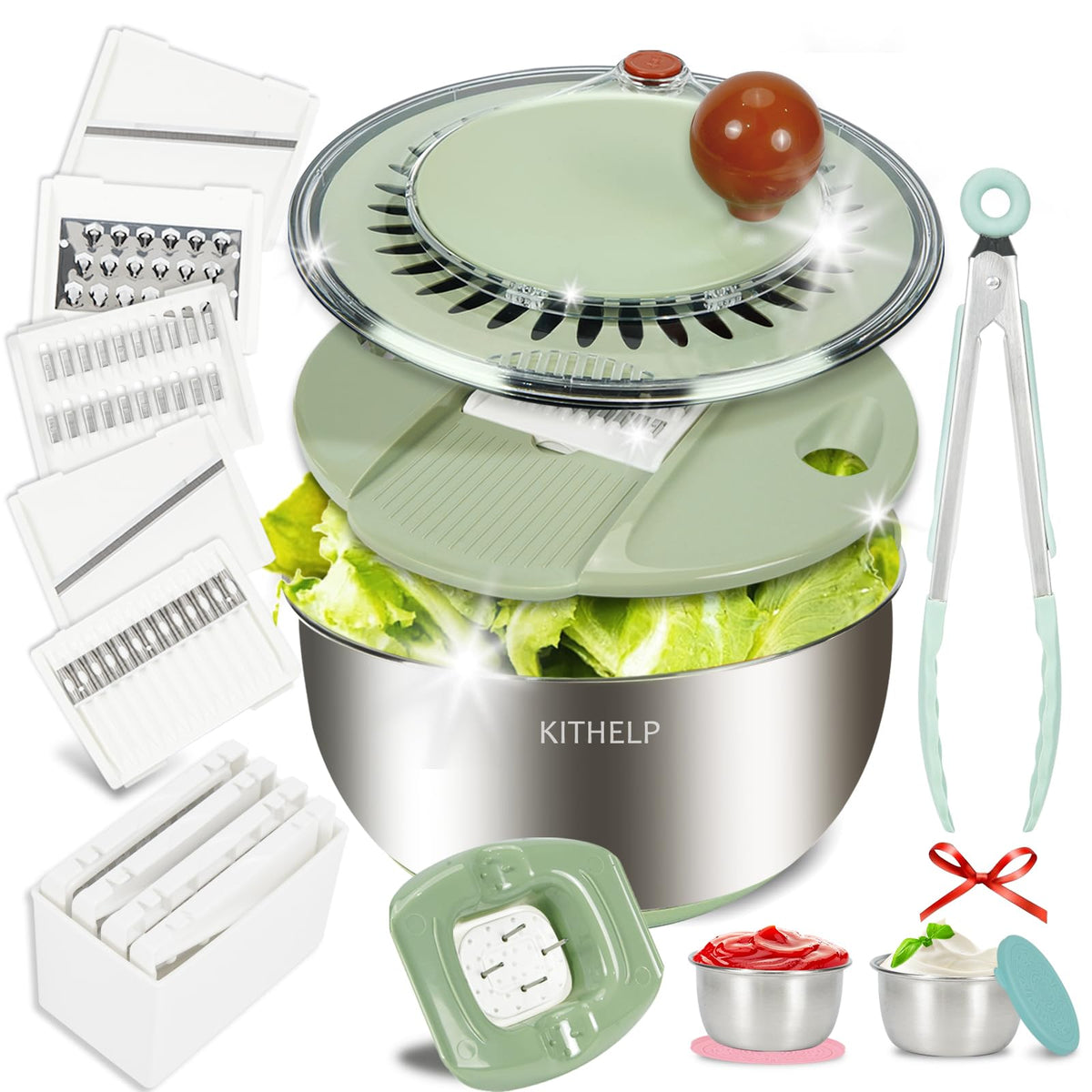KITHELP large stainless steel salad spinner with blades for quick slicing and prep